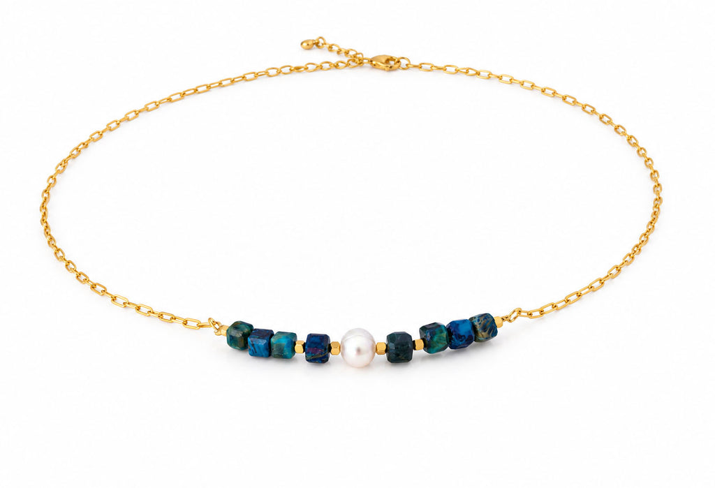 Collar NOA · Perla Natural · Ojo de Tigre Azul
