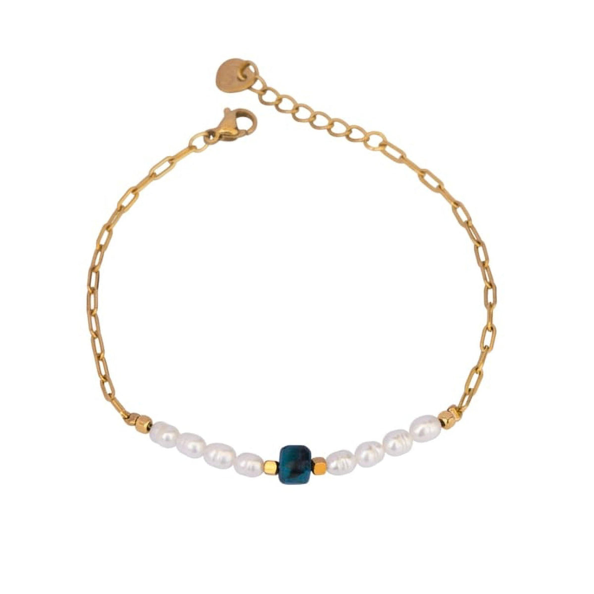 Detalle de la piedra Ojo de Tigre y perla natural en pulsera artesanal Azure
