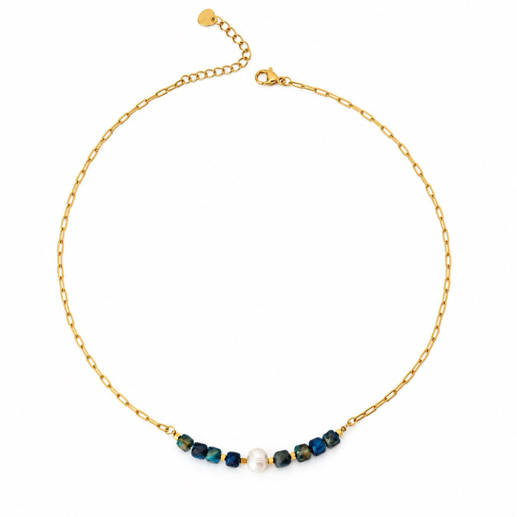 Collar NOA · Perla Natural · Ojo de Tigre Azul