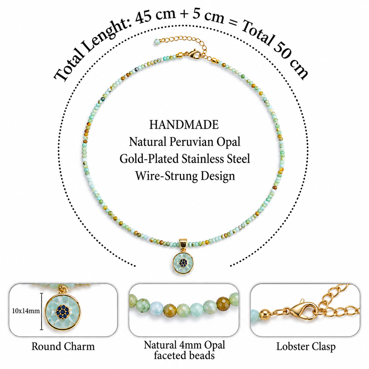 Infografía del collar YANA de ANAIA Jewels con información sobre materiales y detalles de la pieza