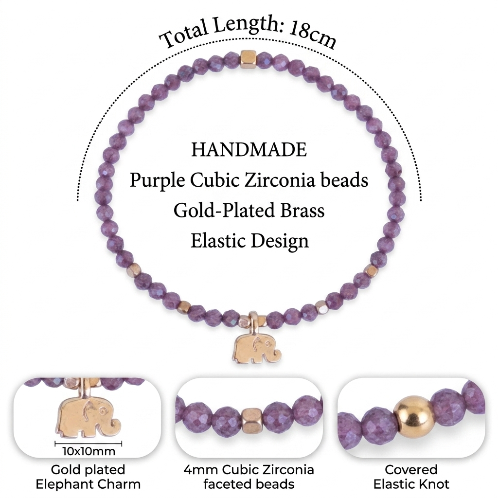  Medidas y detalles de pulsera de circonita morada con elefante dorado
