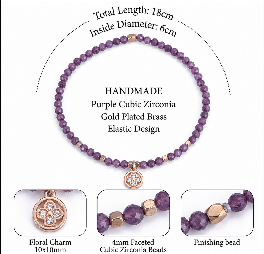 Infografía de pulsera de circonita morada con charm de flor y diseño elástico
