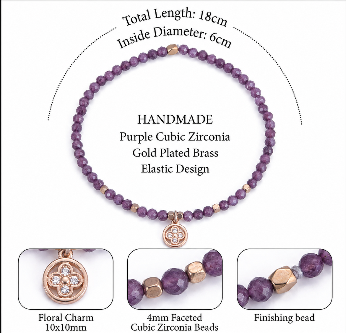 Infografía de pulsera de circonita morada con charm de flor y diseño elástico
