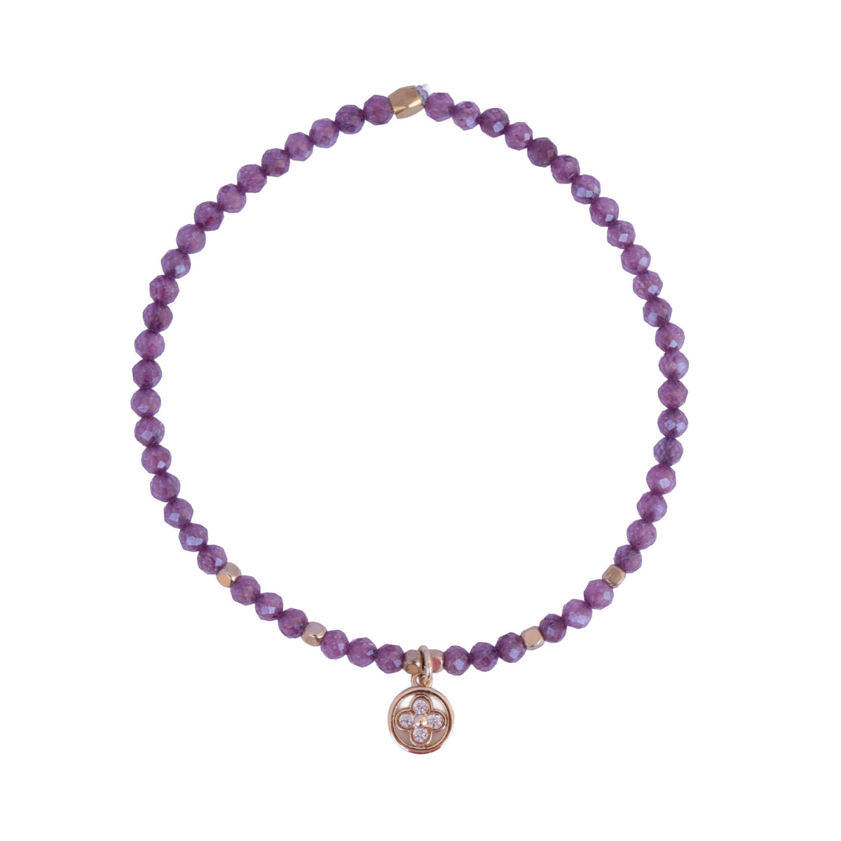 Pulsera de circonita morada con charm de flor dorado