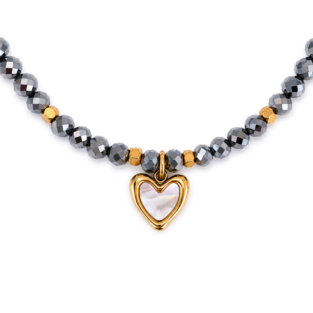 Pulsera Hematita · Corazón de Nácar