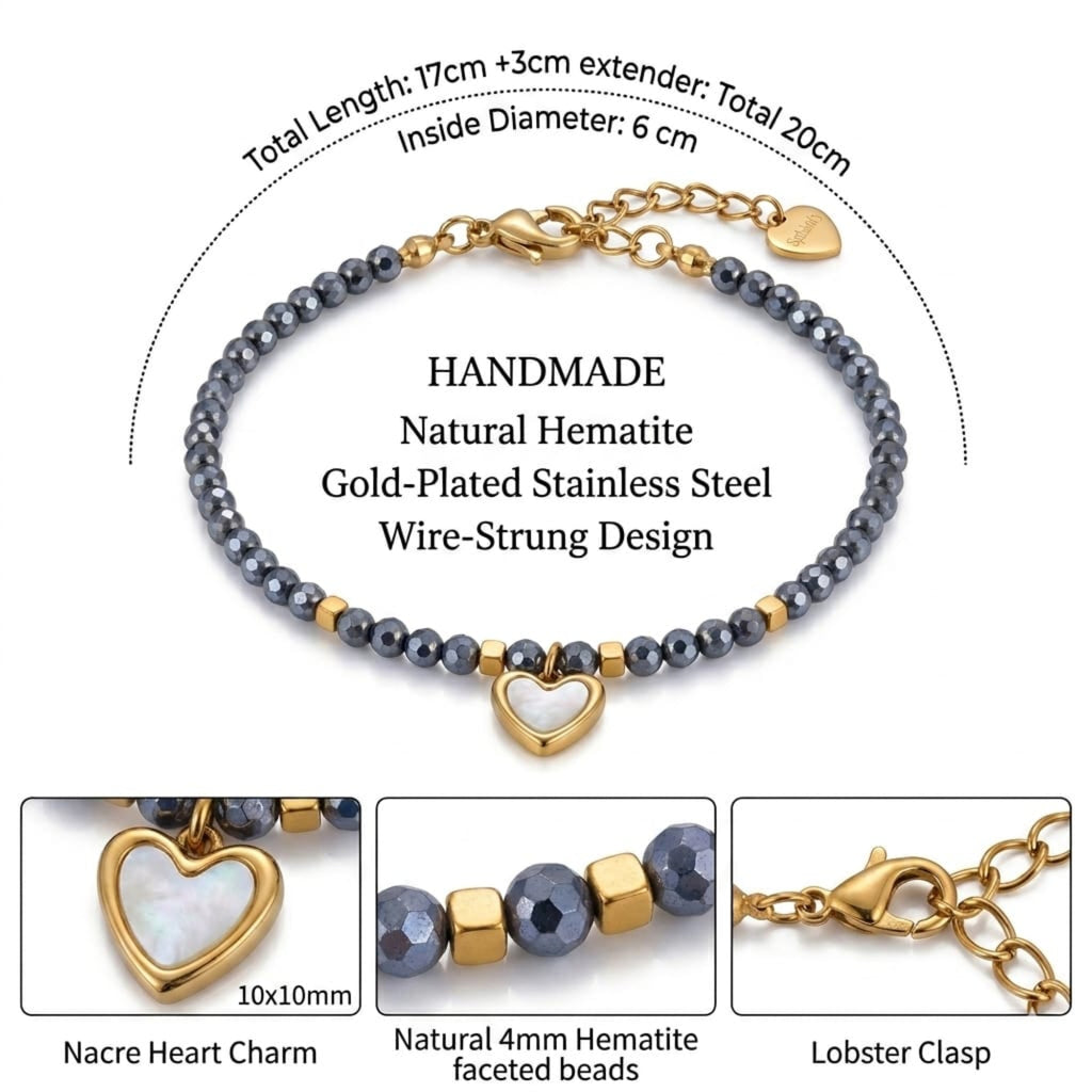 Infografia Pulsera Hematita con Charm de Corazon Nacar