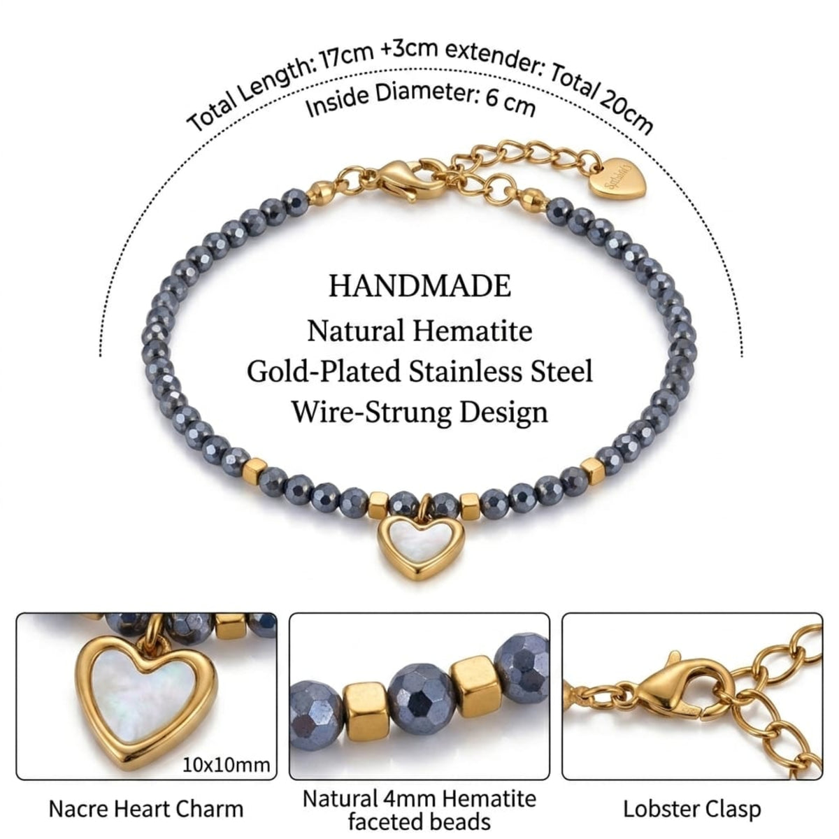 Infografia Pulsera Hematita con Charm de Corazon Nacar