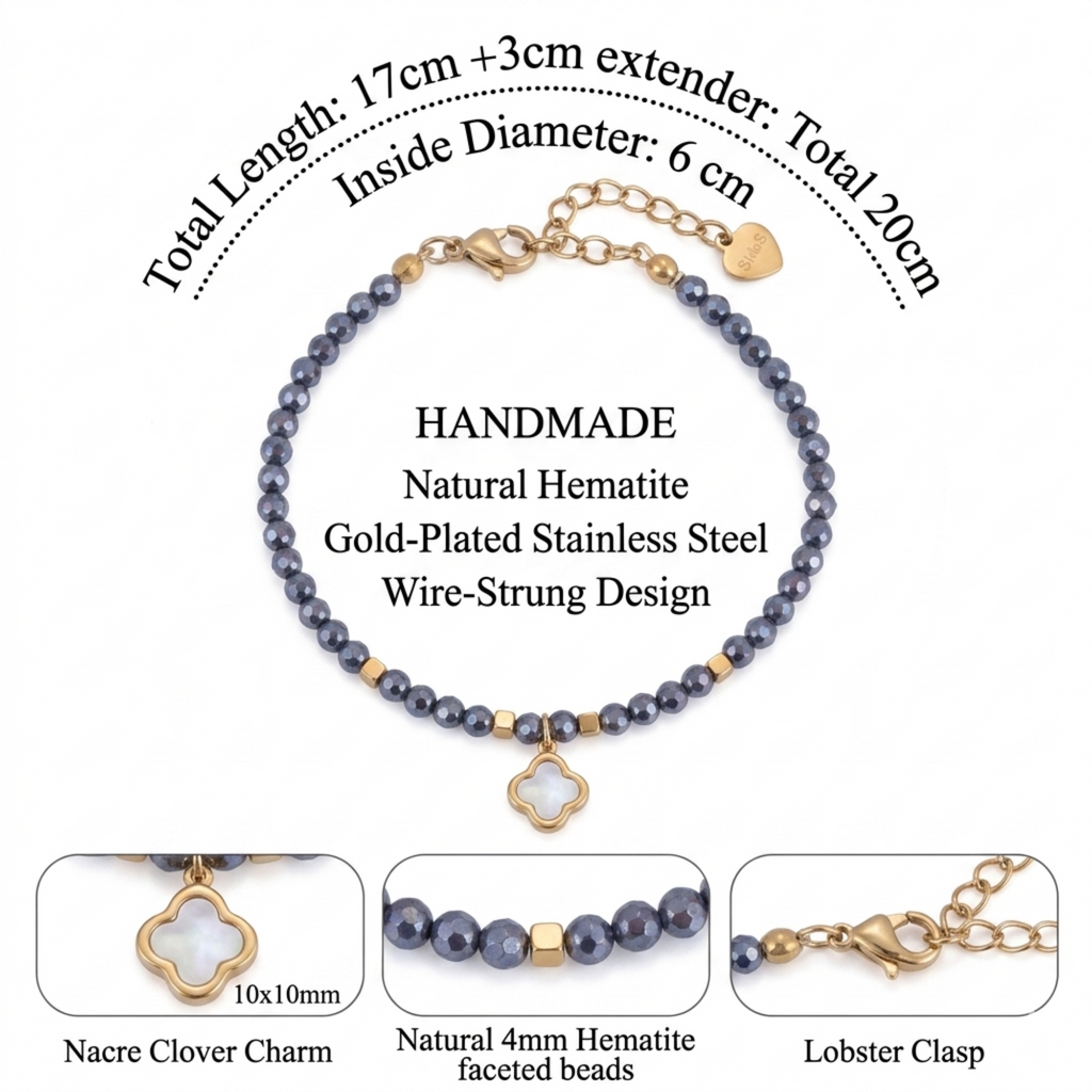 Infografia Pulsera Hematite con Flor de Nacar