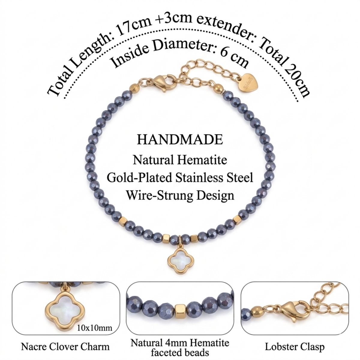 Infografia Pulsera Hematite con Flor de Nacar
