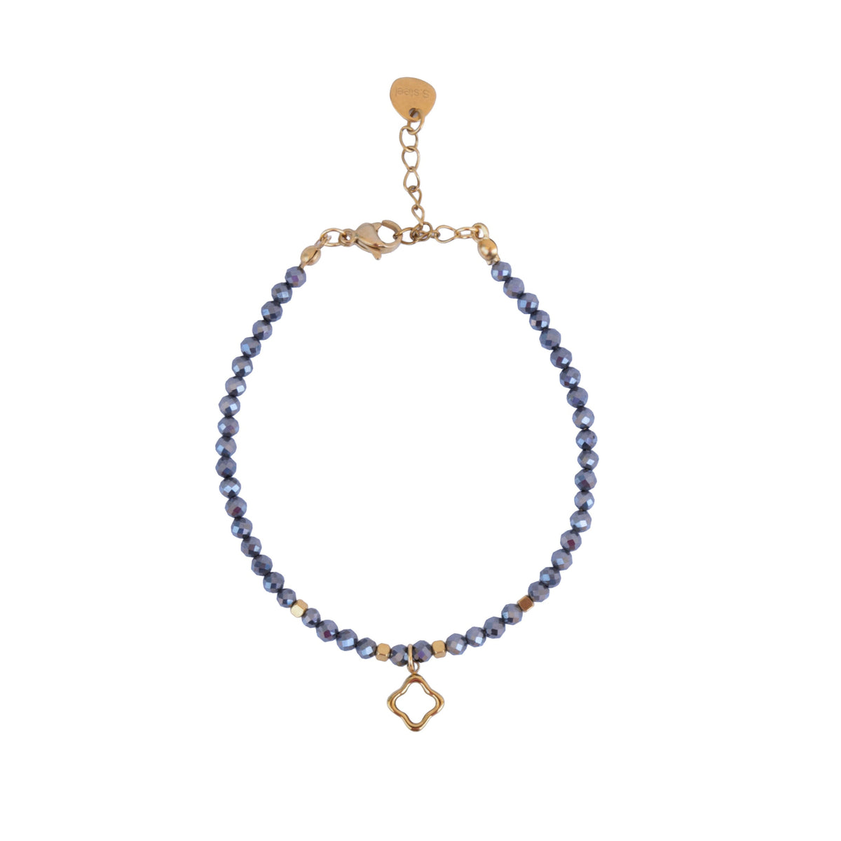 Pulsera de hematita natural con charm de trébol de nácar y acero inoxidable.