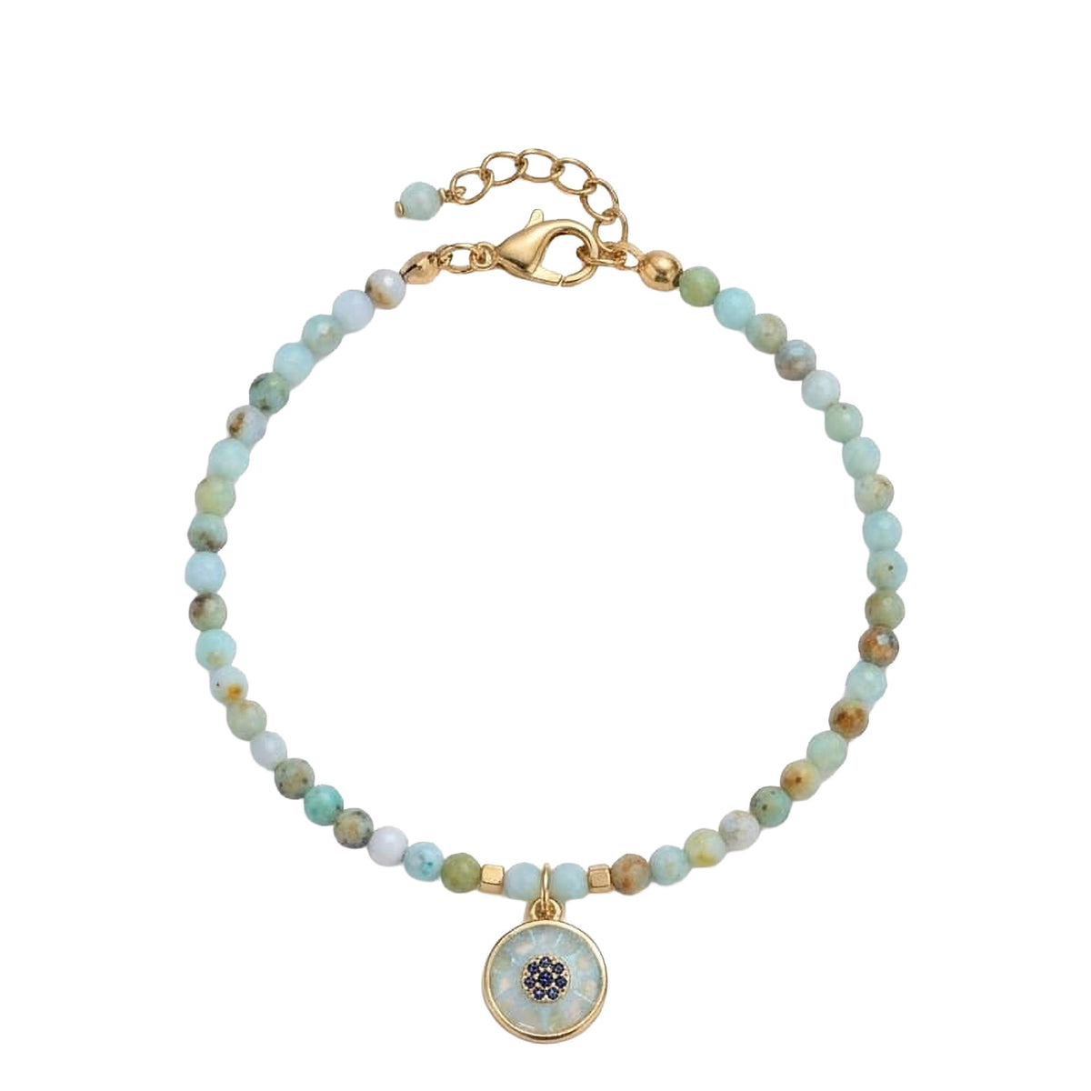 Pulsera YANA de ópalo peruano natural con dije floral y acero inoxidable dorado.

