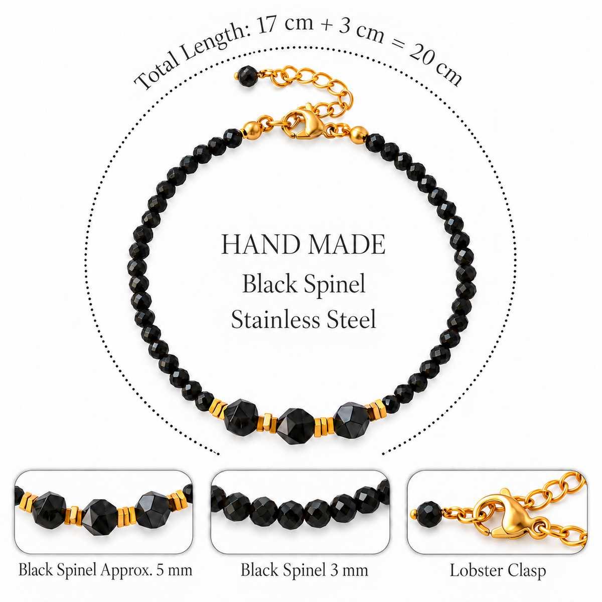 Pulsera RIONA ·  Espinela Negra Natural y Acero Inoxidable